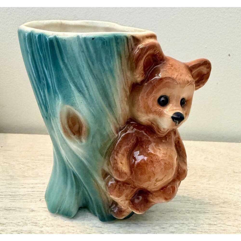 Vintage Ceramic Bear Tree Trunk Planter Vase Occupied Japan Era